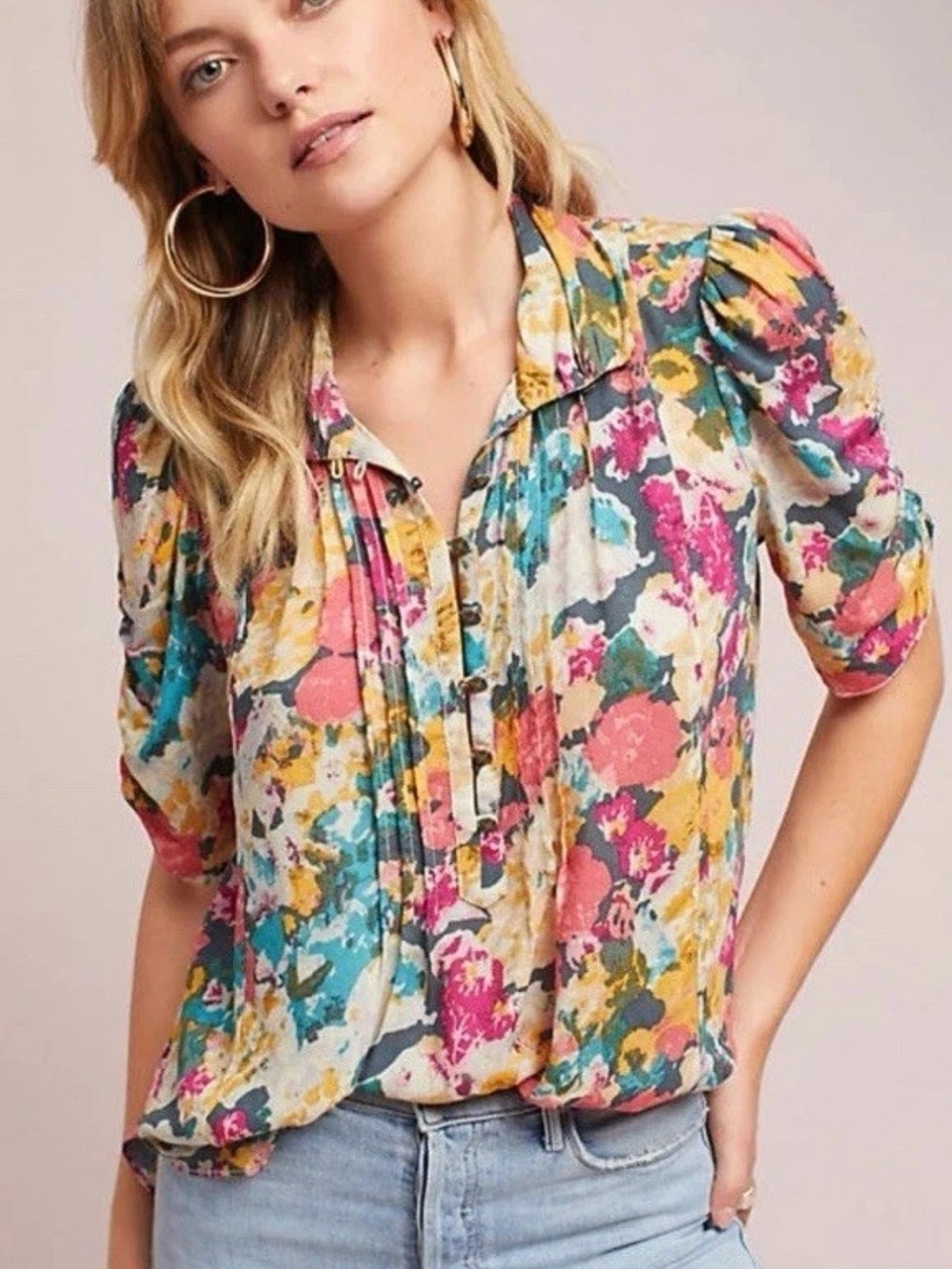 Maeve Anthropologie Sz 10 Susan Henley Blouse Floral Puff Sleeve
Lightweight Top